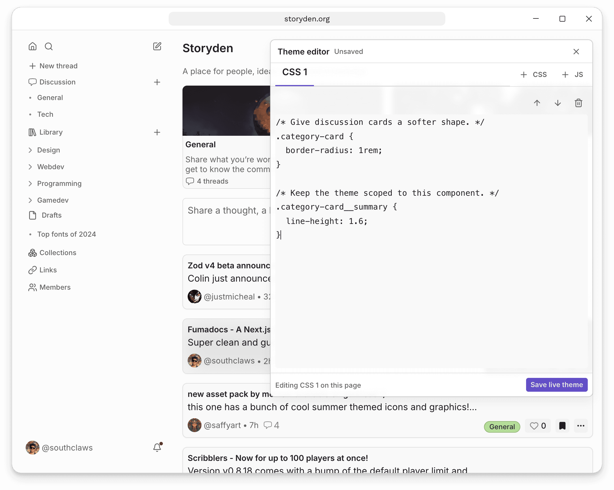 The theme editor open over the live community with an unsaved CSS example