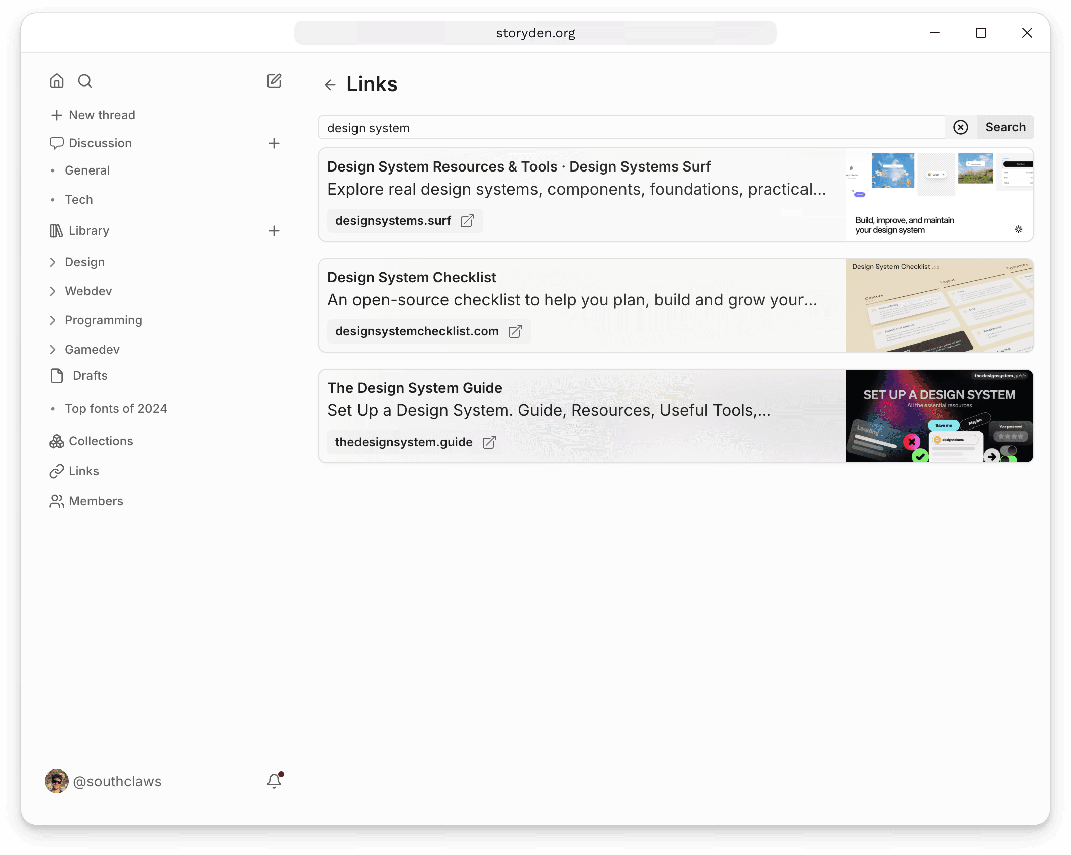Link search results for design systems with titles, descriptions and website previews