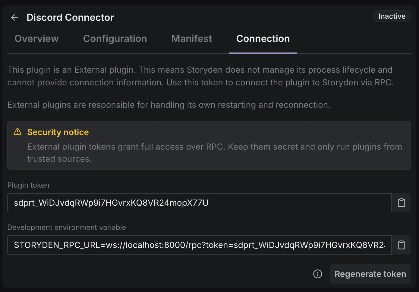 A plugin’s Connection tab with its RPC connection details