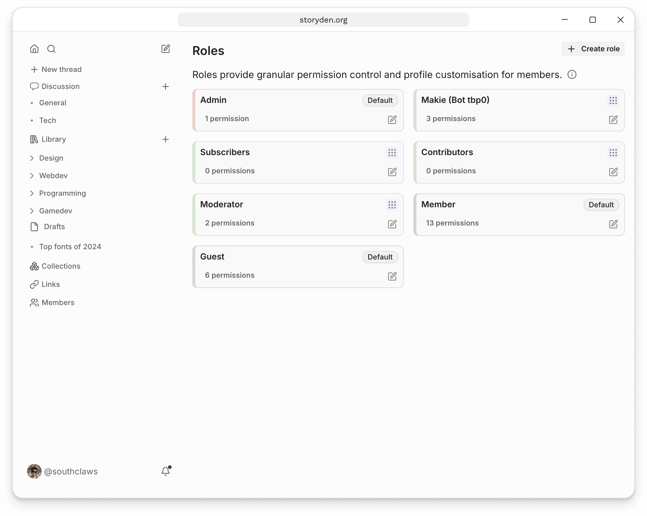 The Roles page showing Admin, Member and Guest alongside custom community roles