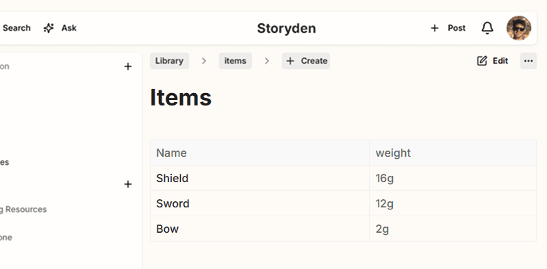 An example of a page's properties table in Storyden