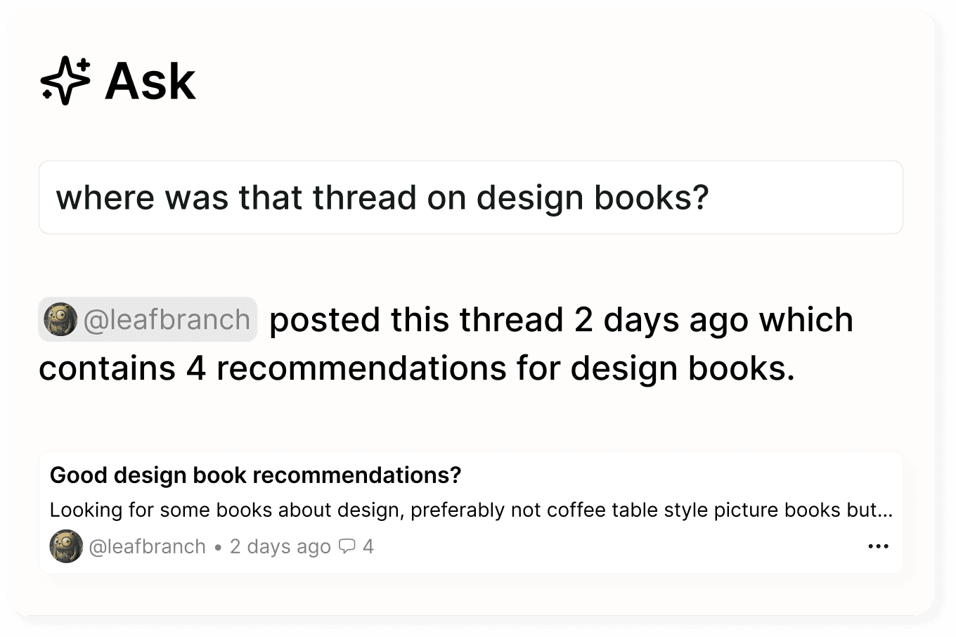 A screenshot of Storyden's search and ask feature surfacing a member's vague question looking for a specific thread about design books.
