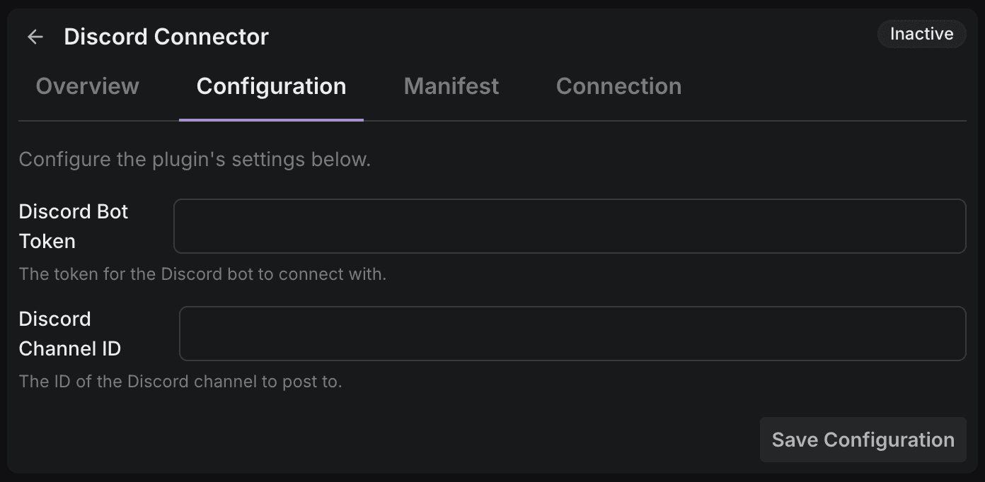 A plugin’s Configuration tab with its declared settings