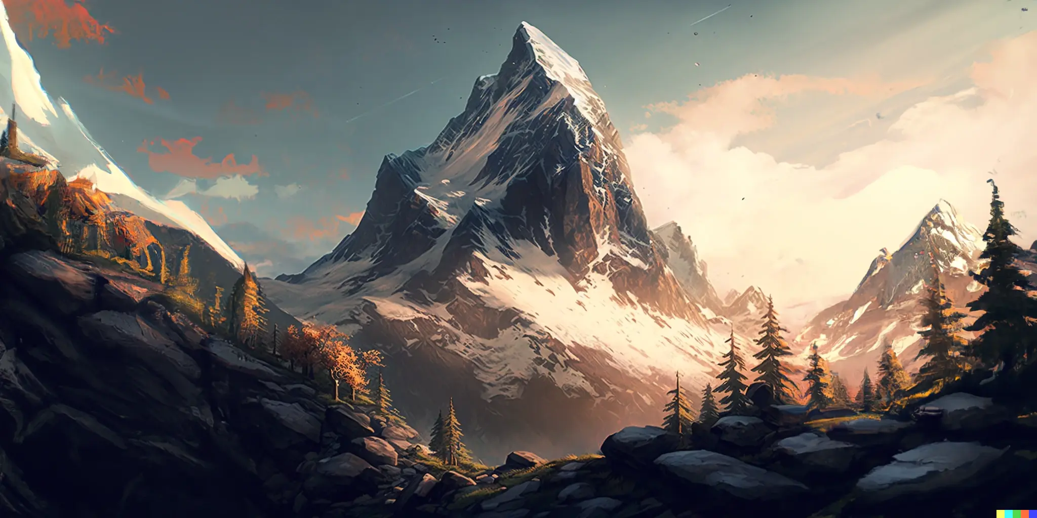 An illustrated mountain peak above a pine-lined valley in warm evening light.