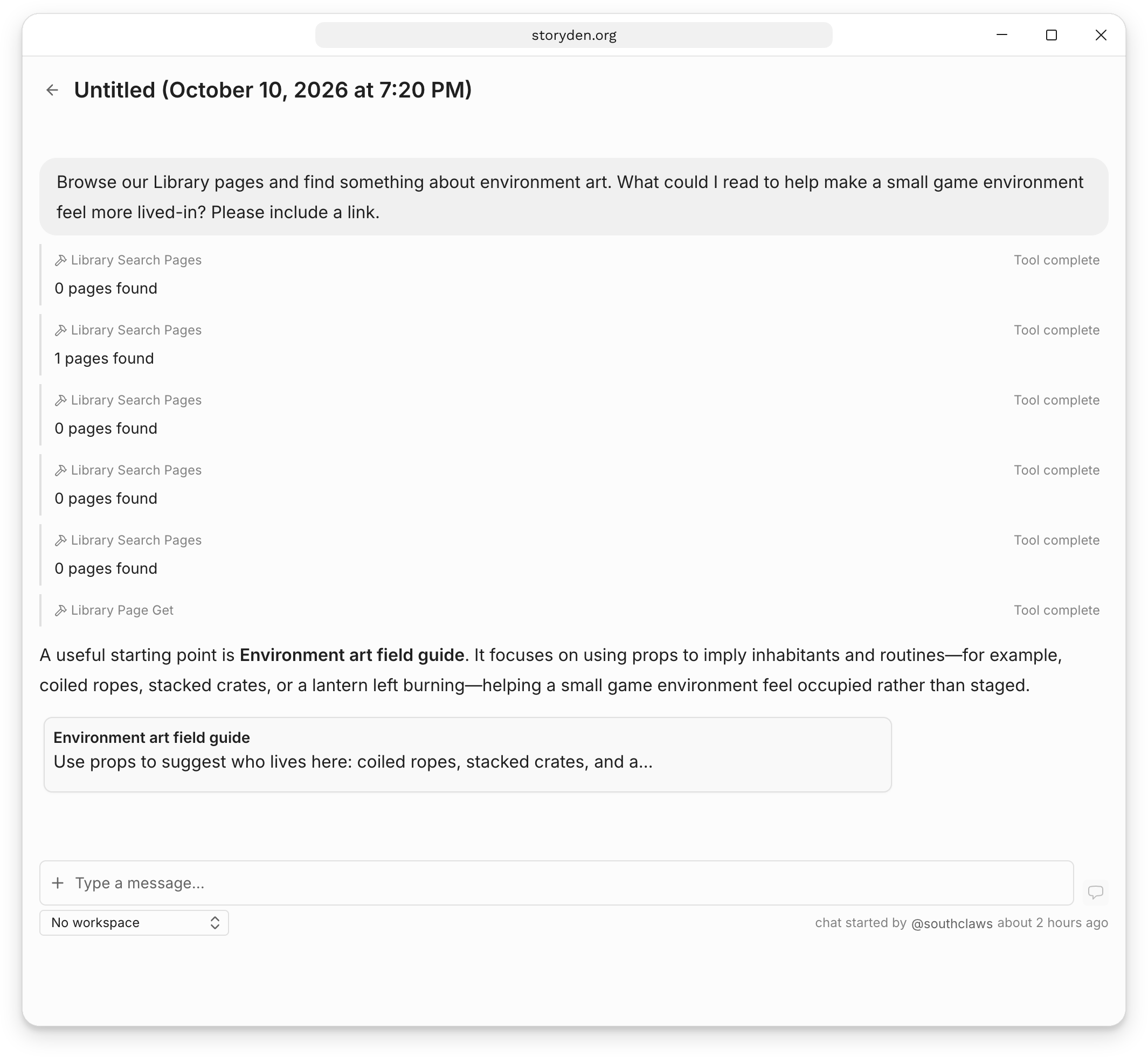 A Robot chat finding the Environment art field guide, with search results, a page-reading tool call and a linked answer