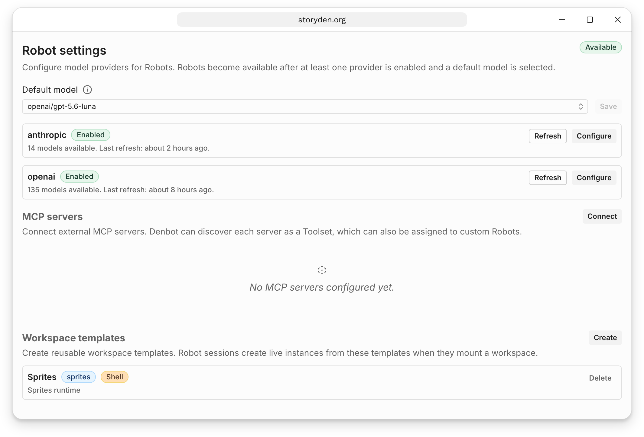 Robot settings showing the default model, enabled OpenAI and Anthropic providers, and the MCP servers section