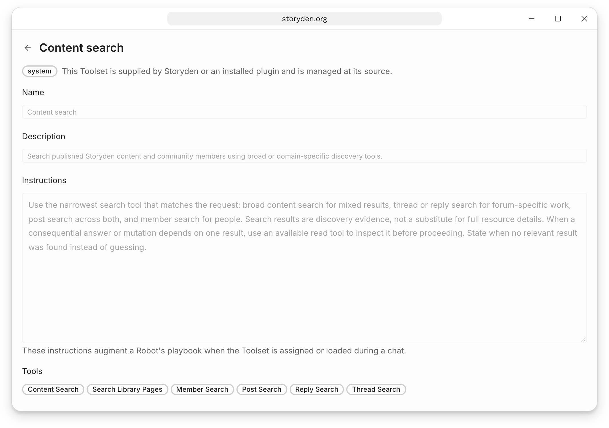The Content search Toolset, with its discovery description, usage instruction and included search tools