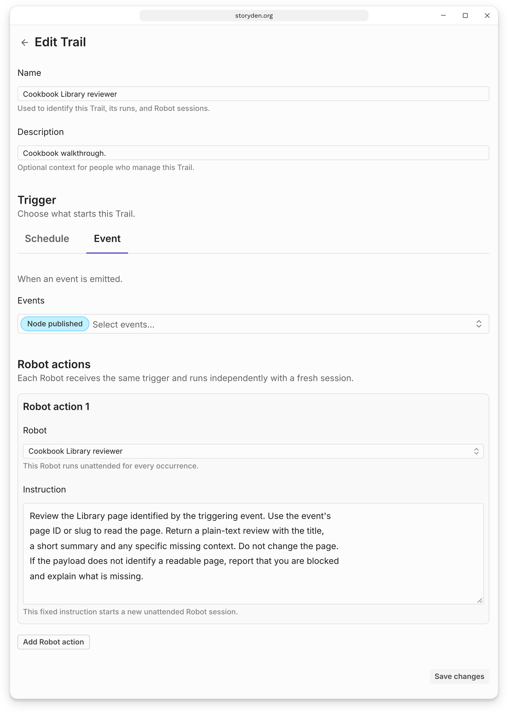 The Event trigger editor with Node published selected and an instruction to review the published Library page without changing it