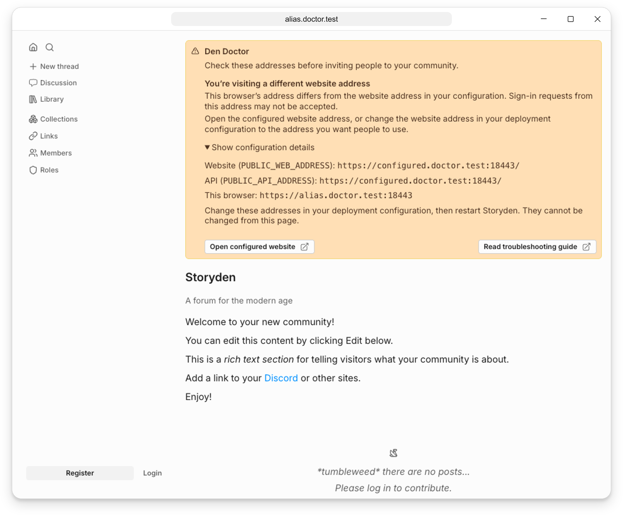 Den Doctor showing that the browser is visiting an alias of the configured website address