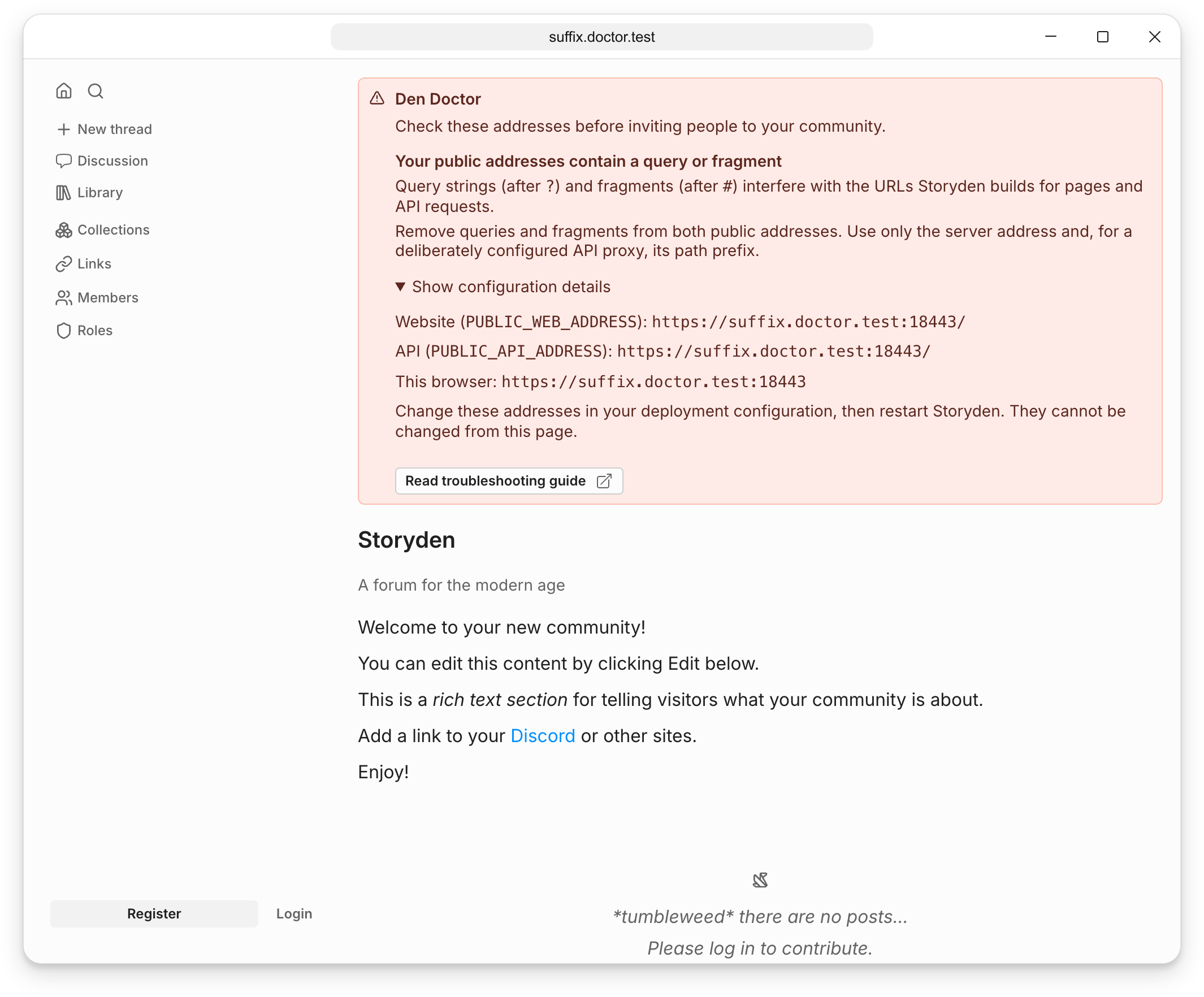 Den Doctor reporting a query string and fragment in the public API address